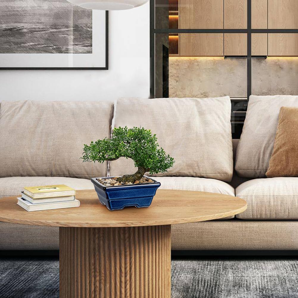 Artificial Bonsai Tree Faux Plants Indoor Fake Plants Decor with Blue Square Ceramic Pots for Home Table Office Desk Bathroom Shelf Bedroom Living Room Farmhouse Decorations