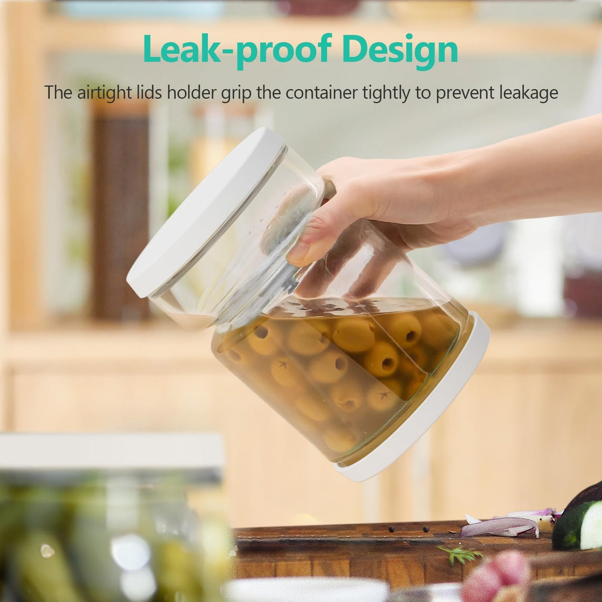Pickle and Olive Container with Strainer Flip - 50 OZ Airtight Glass Jar for Pickle Lover, Versatile Food Keeper, Kitchen Organization Must-Have, BPA-Free, Dishwasher Safe (White)