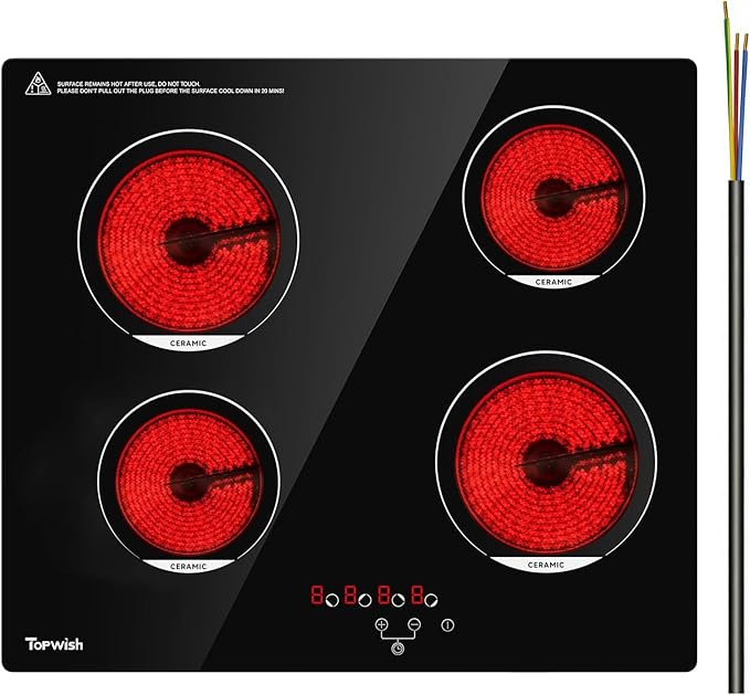 TOPWISH 24 Inch Electric Cooktop, 4 Burners Built-in Electric Stove Top Hot Plate, 6000W Drop-in Ceramic Cooktop Kitchen Stoves with Touch Control, Safety Lock, Timer, 220-240v (Hard Wired No Plug)