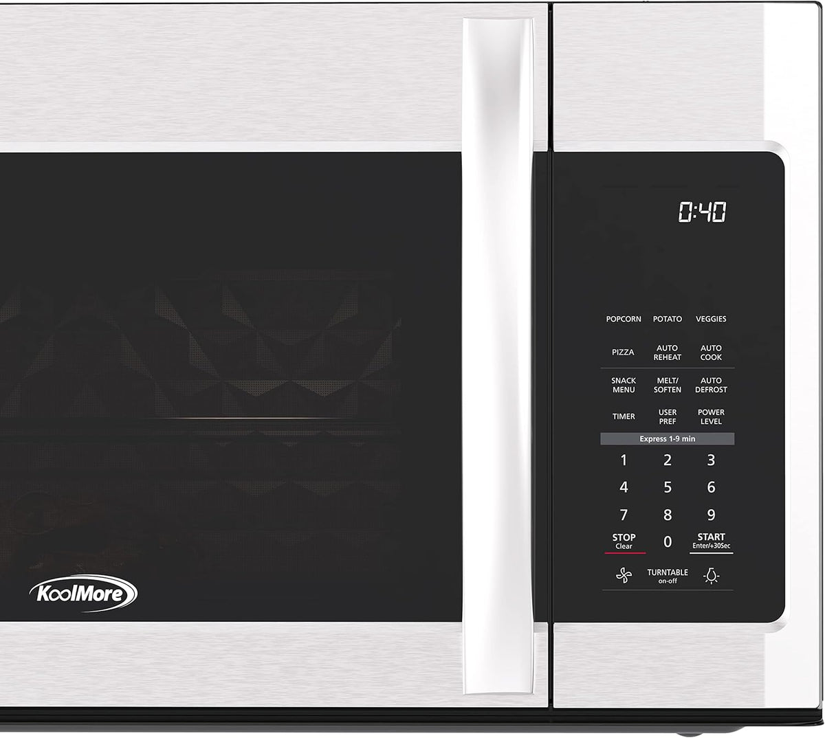 KoolMore KM-MOT-2SS Range Microwave Oven Lamp and 300CFM Recirculation Vent Hood, Auto Cook Menus, Reheat Function, 11 Power Levels, Timer, and Weight Defrost, 30 in/1.9 Cu. Ft, Silver