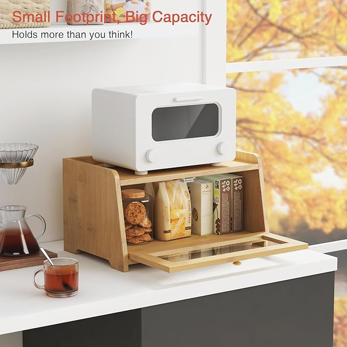 Goozii Wood Bread Box for Kithcen Countertop, Rustic Breadox Storage Container for Homemade Bread, Small Compact Bread Keeper Holder Organizer with Window (Natural Bamboo)