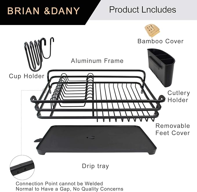 BRIAN & DANY Aluminum Dish Drying Rack, Dish Racks for Kitchen Counter, Dish Drainer with Removable Cutlery Holder & Cup Holder, 16.5" L x 11.8" W, Black