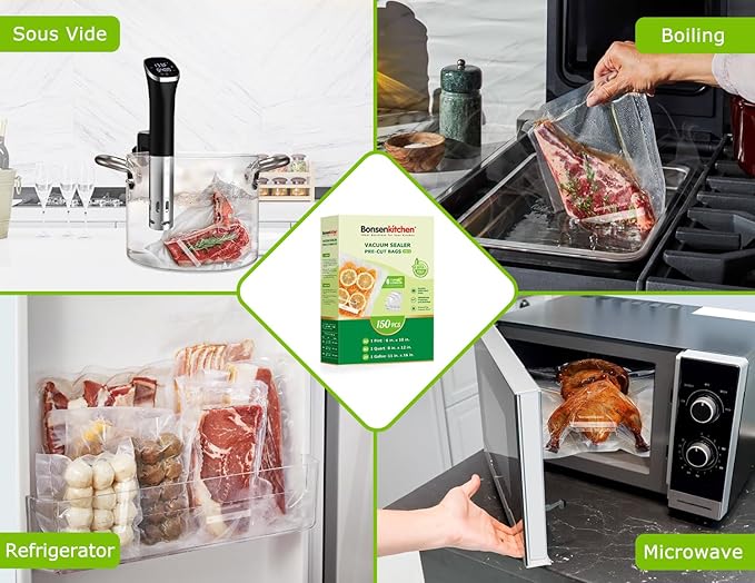 Bonsenkitchen Vacuum Sealer Bags, 20 Gallon 11" x 16"+ 80 Quart 8" x 12"+ 50 Pint 6" x 10", Commercial Grade, BPA Free, Food Sealer Bags for Vac Storage, Meal Prep or Sous Vide Cooking, VB15