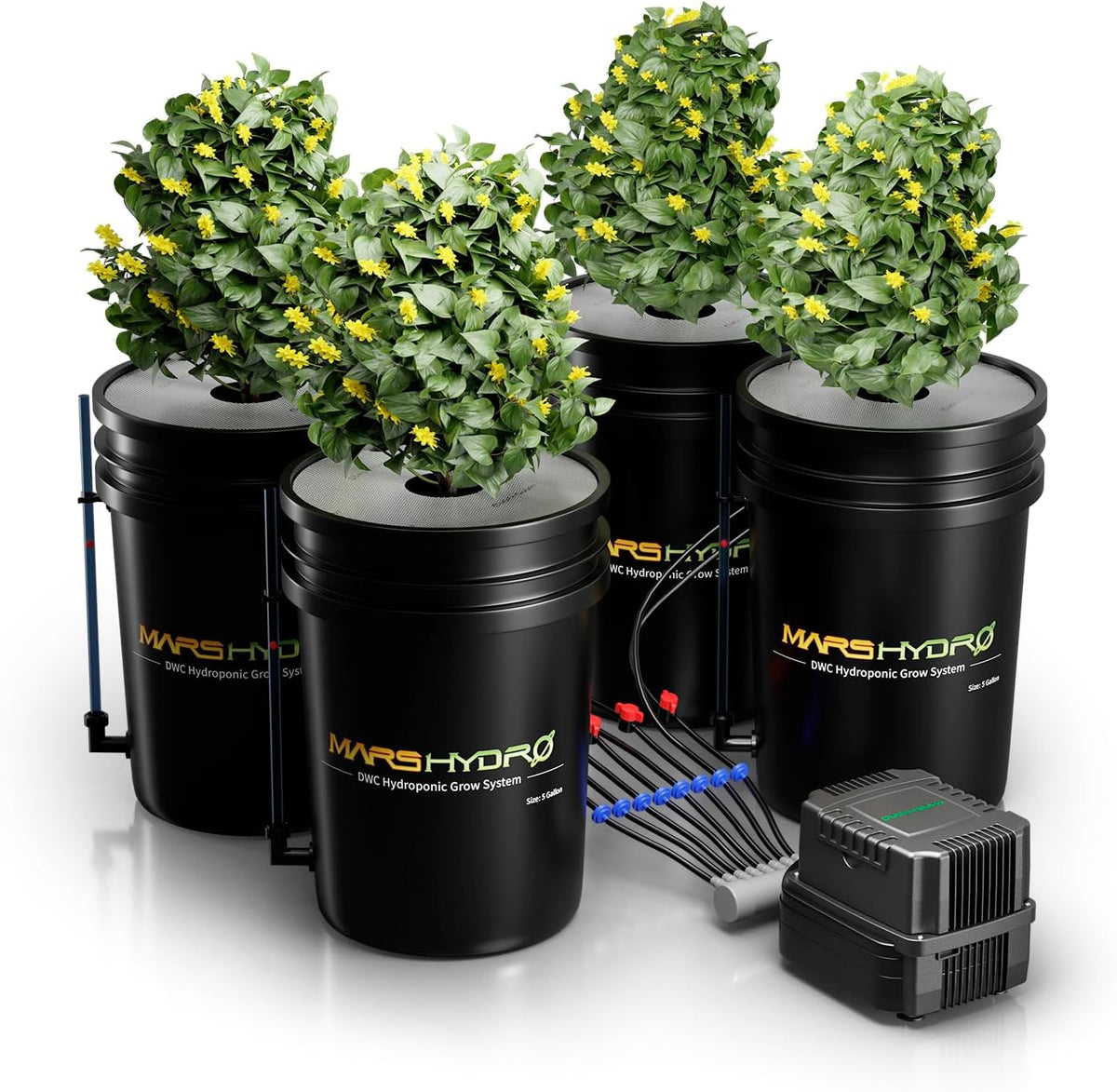 MARS HYDRO DWC Hydroponics Grow System 5 Gallon Deep Water Culture with Recirculating Drip Garden System 11W Air Pump, Multi-Purpose Air Hose, Air Stone, 4 Buckets and Top Drip Kit