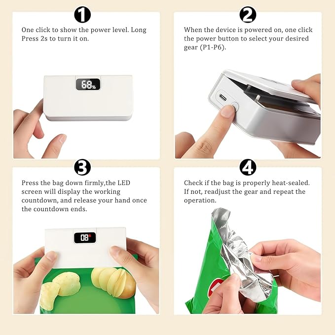 2026 New USB-C Rechargeable Mini Bag Sealer, One-Touch, Adjustable and Portable Freshness, 6-Level Adjustable Heat Sealer & Cutter, LED Display, Magnetic Base for Fridge & Kitchen (White)