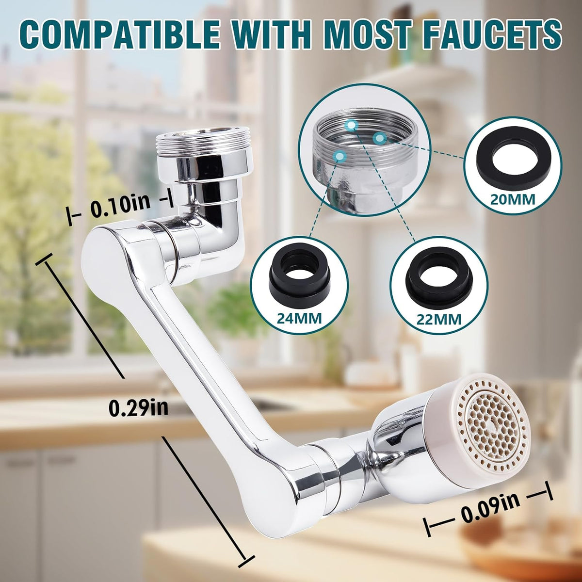 Faucet extender 1080 ° rotation, faucet extender, rotating robotic arm, suitable for bathrooms and kitchens, with 2 water flow modes for washing eyes/hair/face (silvery)