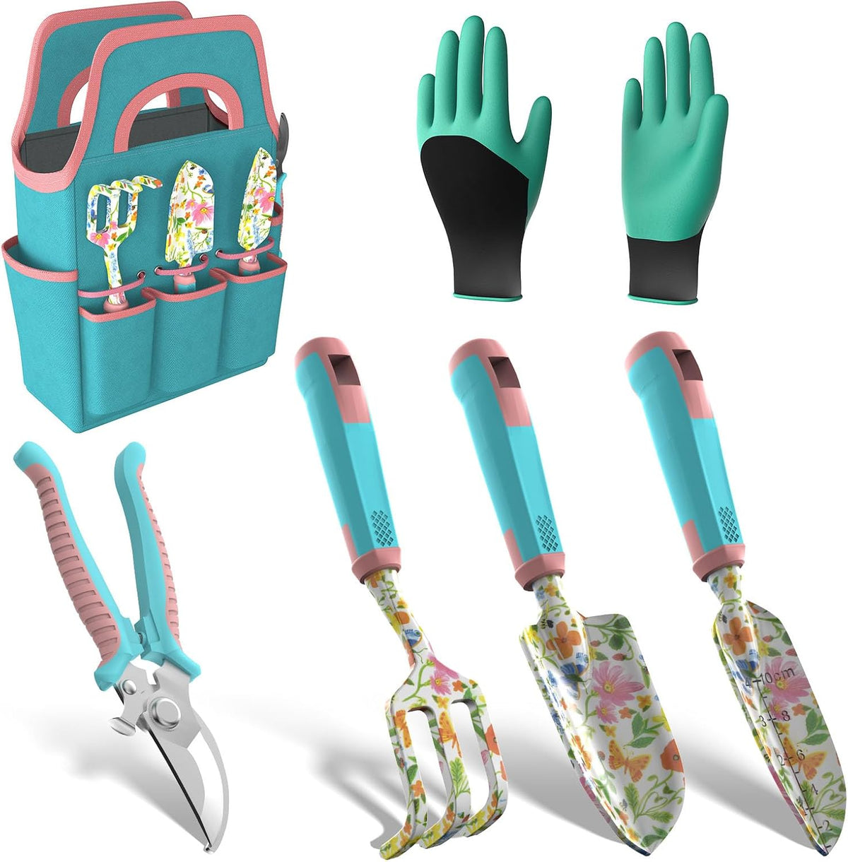 6 Pcs Garden Tool Set, Gardening Hand Tools Aluminum Alloy Starter Kit with Garden Bag, Heavy Duty Outdoor Tool Set with Ergonomic Handle, Gardening Gifts (Flower Pattern)