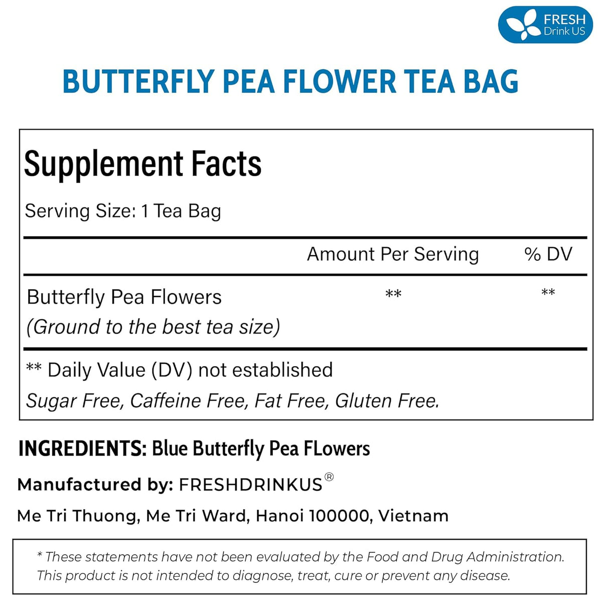 FreshDrinkUS, Premium 35 Butterfly Pea Tea Bags, 100% Natural and Pure from Butterfly Pea Flowers, Hand-made, Made With Natural Materials-Corn Fiber Tea Bag, Sugar/Caffeine/Gluten Free, Vegan