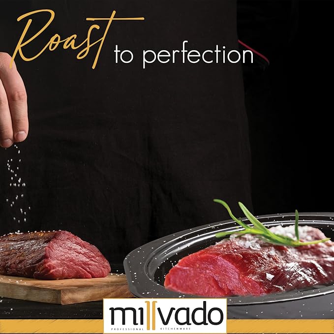 Millvado Roasting Pan With Lid, Turkey Roaster Pan, 13" Granite Oven Roaster Oval Shaped Speckled Enamel on Steel Cookware
