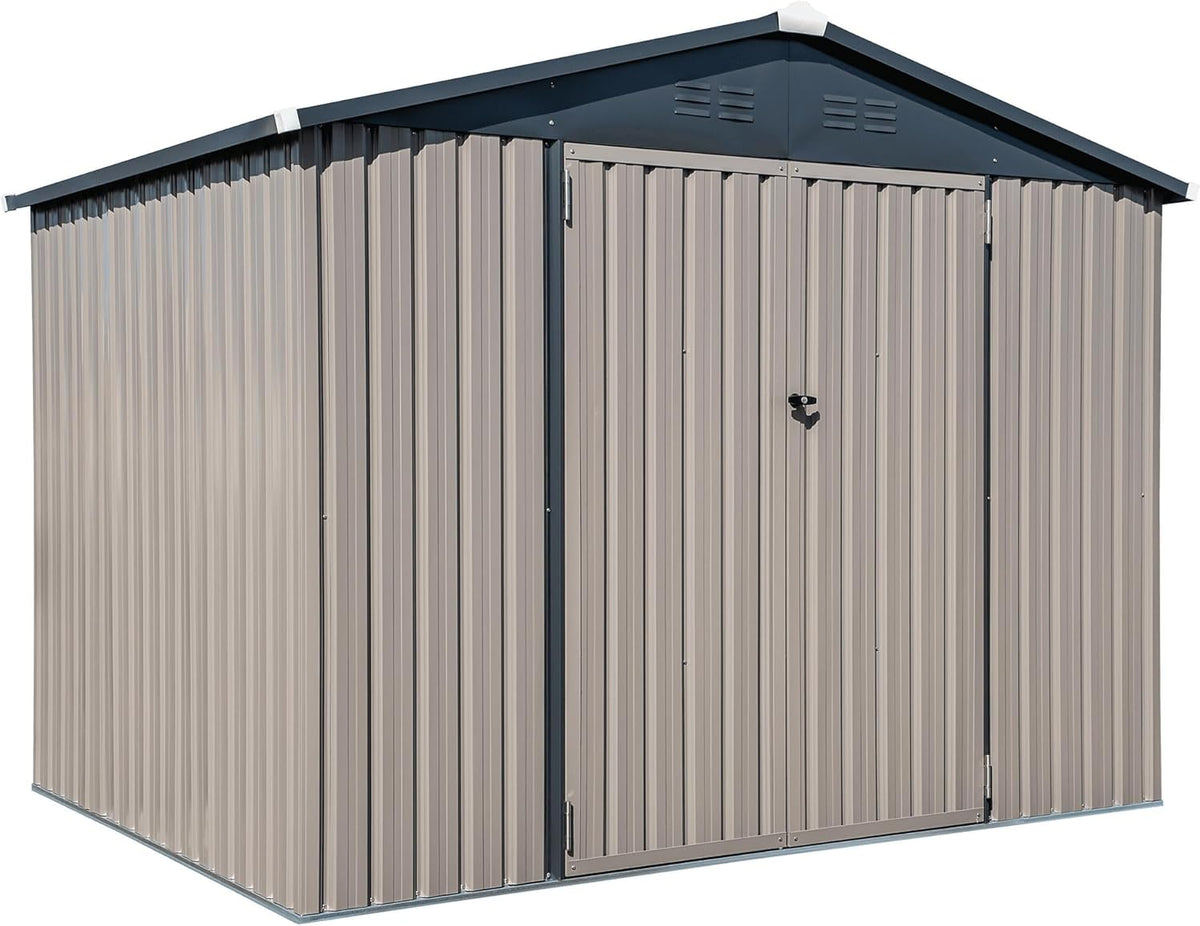 Metal Outdoor Galvanized Steel Storage Shed with Lockable Doors for Backyard or Patio Storage of Bikes, Grills, Supplies, Tools, Toys, for Lawn, Garden, and Camping, Tan (8x6)