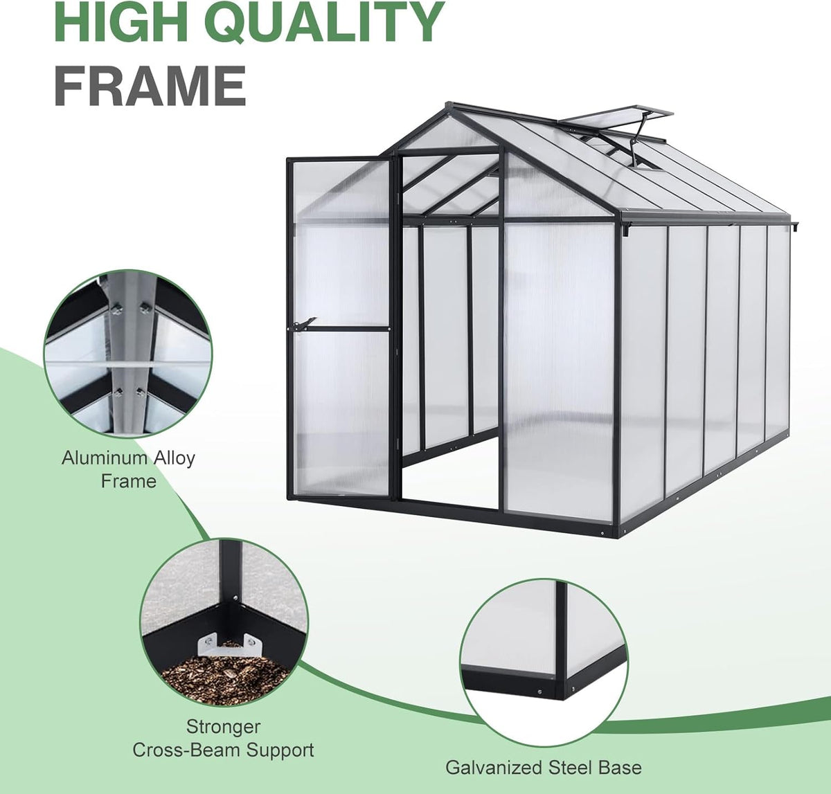 Aoodor 6 x 10 Ft Walk-in Greenhouse with Gutter, Polycarbonate and Heavy-Duty Aluminum Frame, Adjustment Skylight and Lockable 2-Sided Door for Patio, Outdoor, Yard, Lawn Use, Black