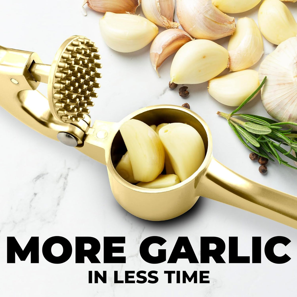 Zulay Kitchen Large Premium Garlic Press Set - Bigger Bowl for Bigger Garlic - Rust Proof & Dishwasher Safe Garlic Mincer Tool - Easy-Squeeze, Easy-Clean Silicone Garlic Peeler & Brush (Gold)