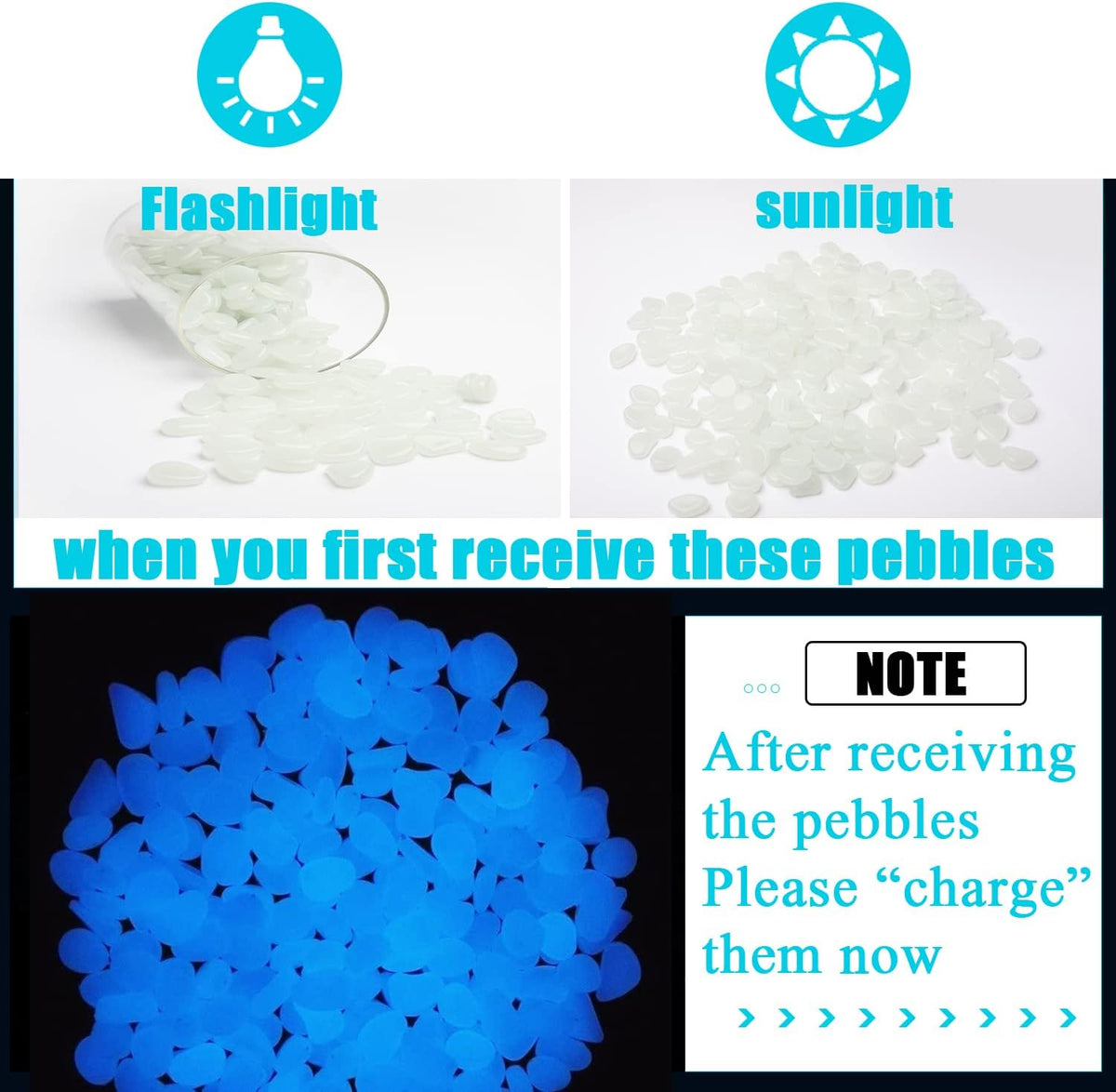 Oubest Glow in The Dark Pebbles/Glow Stones/Glowing Rocks Blue Decor for Garden/Fish Tank/Aquarium/Walkway/Driveway/Plant Pots/Bonsai (500, White)