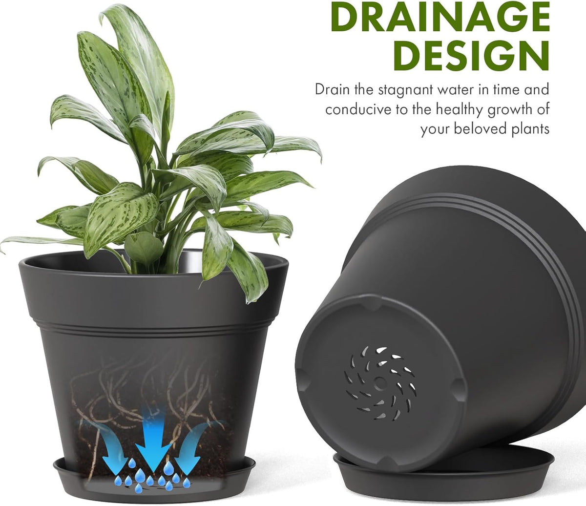 5 Inch Plastic Plant Pots with Drainage Holes and Trays – 6 Pack Small Nursery Pots for Indoor & Outdoor House Plants and Flowers, Seedling Starter Planters, Matte Black