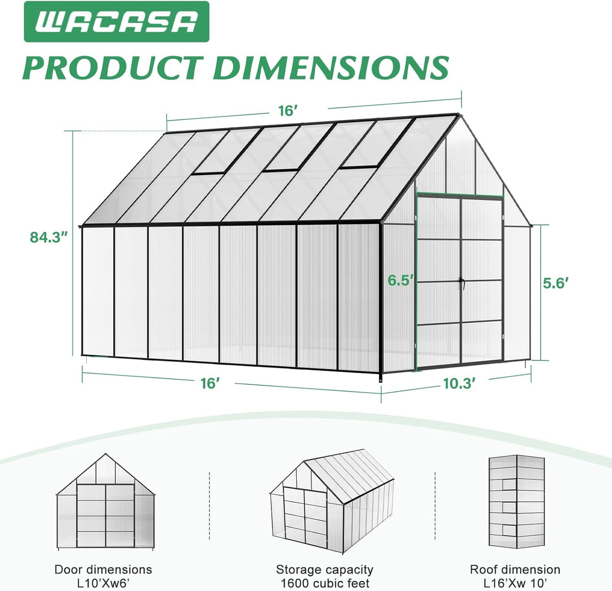10'x10'x16' Snap-Together Greenhouse - Easy 3-Way Connectors, Heavy-Duty Aluminum Frame, Wind/Snow Resistant for Gardening/Urban Farming, Includes Sliding Door & Ventilation Windows