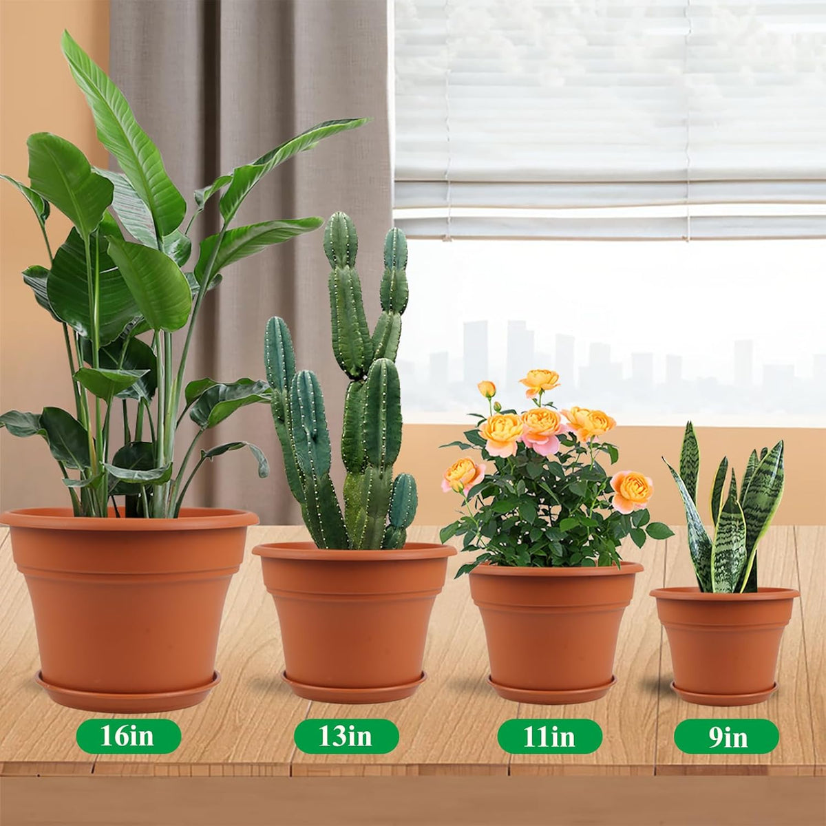 16 inch Plastic-Flower-Pot-for-Indoor-Plants, 4 Pack Large Outdoor Planter Pot with Drainage Holes & Saucers, Resin Decorative Garden Pots Planters
