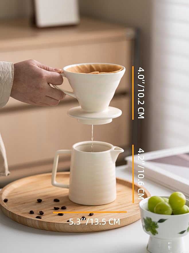 Pour Over Coffee Maker,Ceramic Coffee Maker With 40 pcs Paper Filter，15oz/450ml Pour Over Coffee Dripper (White, V02)