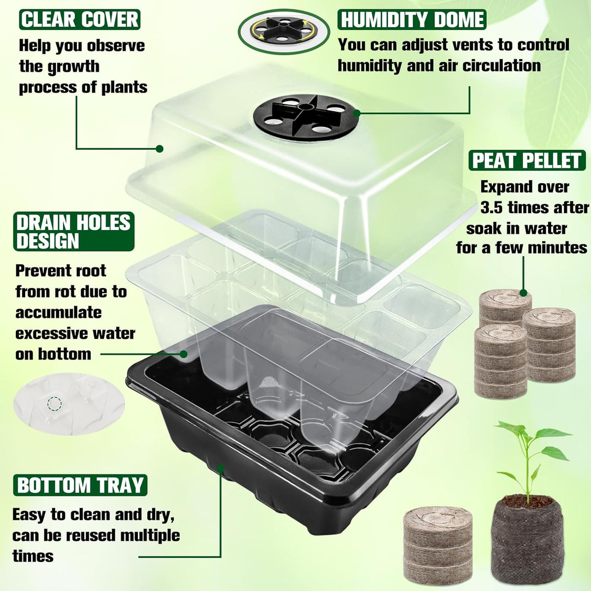 Halatool 4 Pack Seed Starter Tray with 50 PCS Peat Pellets, 48 Cells Black Seeding Starter Trays for Organic Seed Starter Soil Pods for Planting Vegetables Plants Flowers - Starting Seeds Kit
