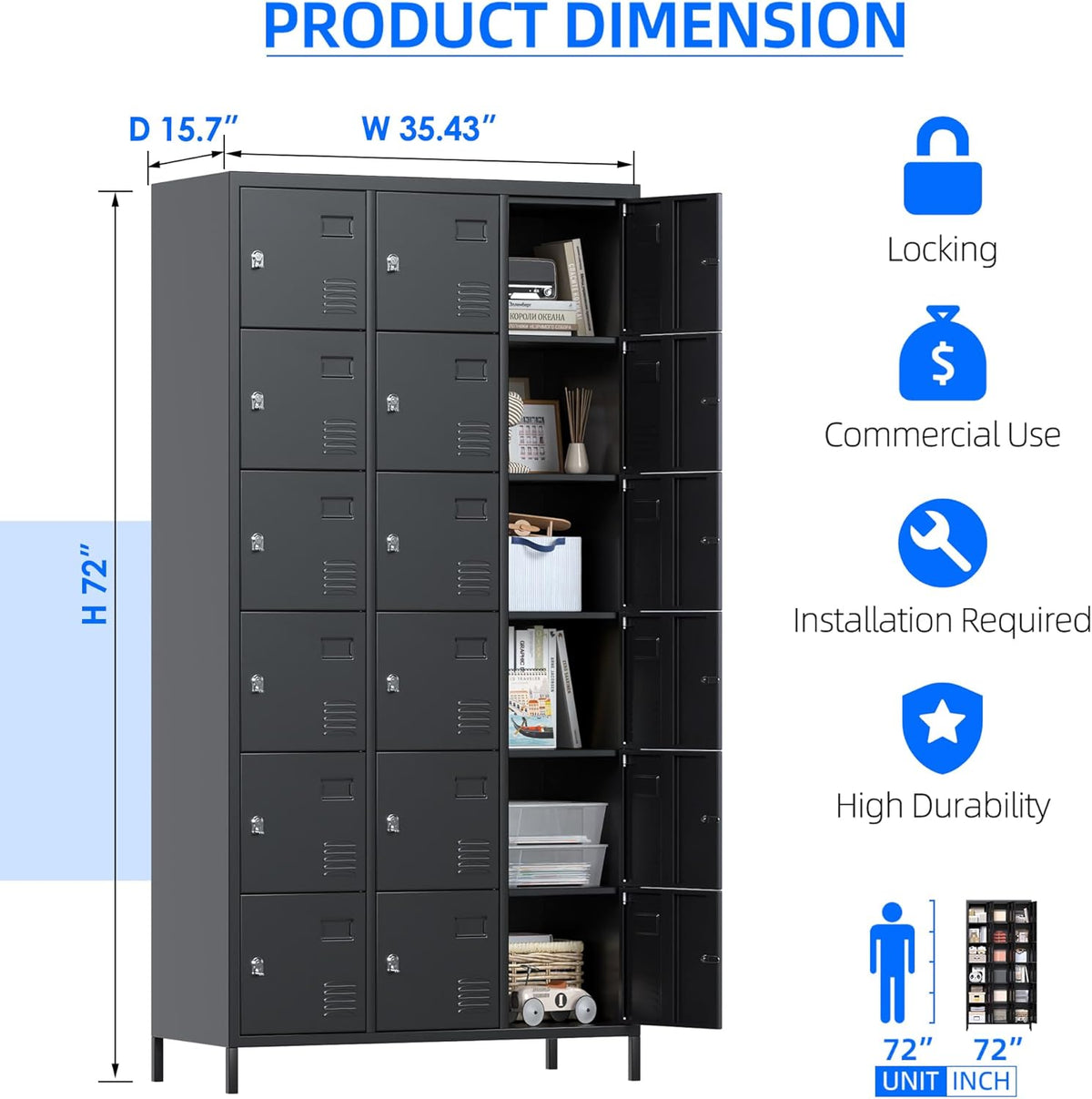 METAN Metal Locker for School Office Gym Bedroom, 18 Doors Black Steel Storage Locker Cabinet for Employees, Industrial Storage Locker, Assembly Required (18 Door-Black)