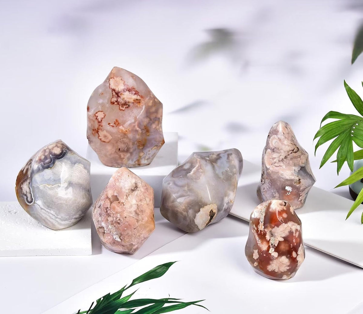 AMOYSTONE Cherry Blossom Agate Flame Shaped Stone Towers Obelisk Flower Agate Natural Healing Crystal Quartz Reiki Energy Decoration Home Office 1.5-2.2LBS