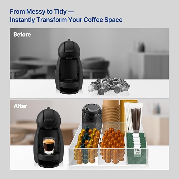Acrylic Coffee Bar Station – Snack Tea Organizer & Storage Holder for Office Coffee Table – Perfect Countertop Setup for Syrup, Creamer, Condiment and Snack Accessories