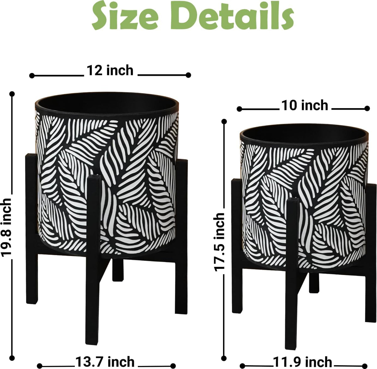 10 & 12 Inches Plant Pot with Stand Set of 2, Decorative Palm Leaves Printing Planter with Holder, Garden Pot for Snake Plant, Monstera, Houseplants - Indoor Outdoor Flower Pots with Drainage Holes