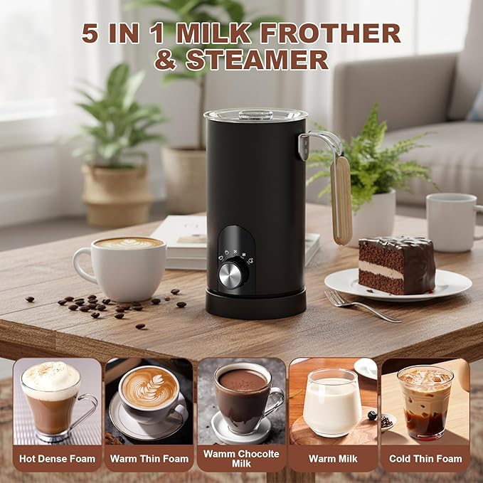 5 in 1 Electric Milk Frother Automatic Hot & Cold Foam Maker Auto Shut-Off Milk Warmer Silent Operation Fast Frothers with Comfortable Handle for Cappuccino, Hot Chocolate (Black)