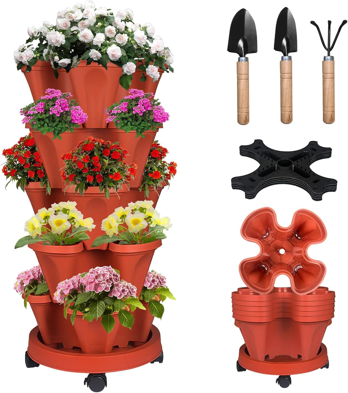 Vertical Strawberry Planter 5 Tier Stackable Tower Herb Planters Stacking Outdoor Garden Planters Pot with Tools Mover for Growing Flowers, Vegetables and Succulents