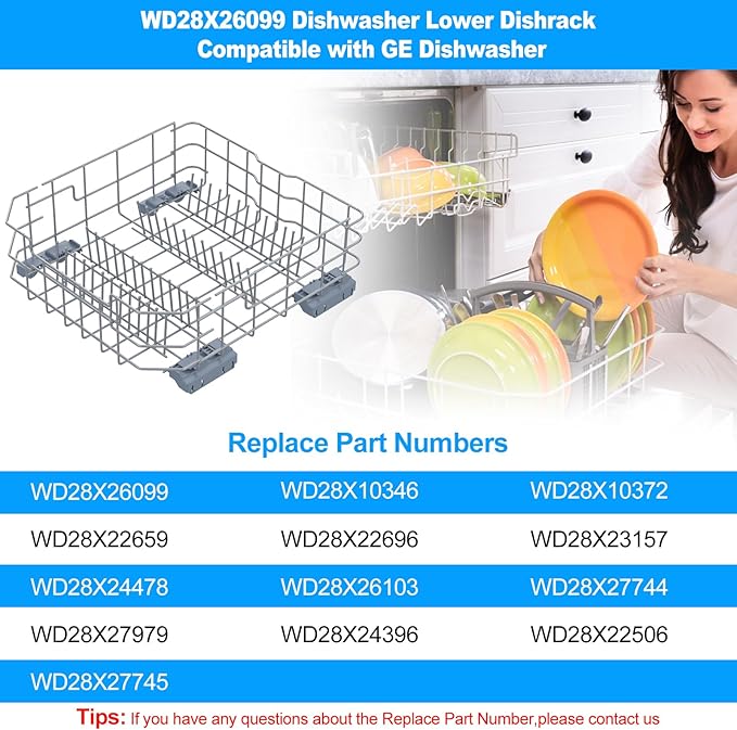 UPGRADED WD28X34744 WD28X26099 WD28X28918 WD28X22659 GDF510PSM0SS Dishwasher Lower Rack Compatible with GE Dishwasher Rack Parts WD28X34744 GDF510PSD1SS GE Dishwasher Rack Replacement Part with Wheel