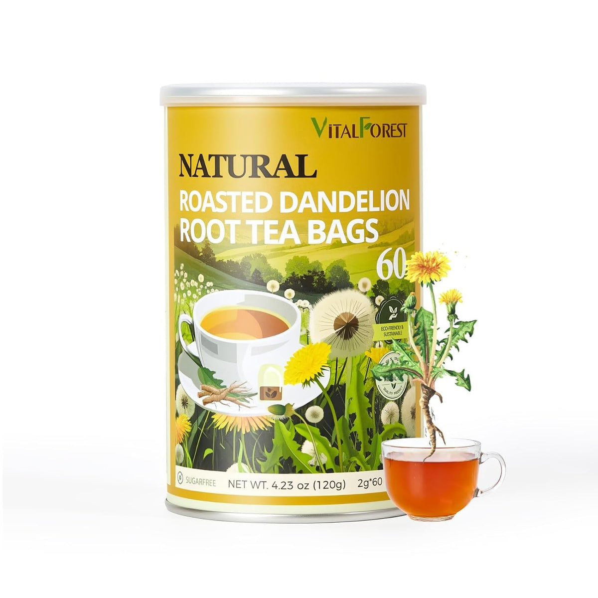 60 Roasted Dandelion Root Tea Bags, 2g/Bags, VitalForest Natural Detox Dandelion Tea, Dried Dandelion Root Coffee Substitute, Diente De Leon, Caffeine Free, Canister Packaged