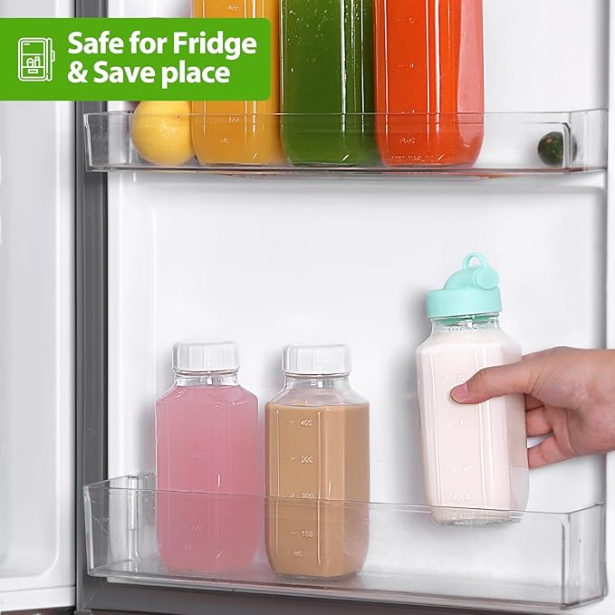 CUCUMI 6 Pack 16 Oz Glass Milk Bottles with Lids, Glass Juice Bottles with Scale & Silicone Pour Spout, Reusable Juice Containers Square Drinking Jars for Milk, Coffee, Smoothies, Water