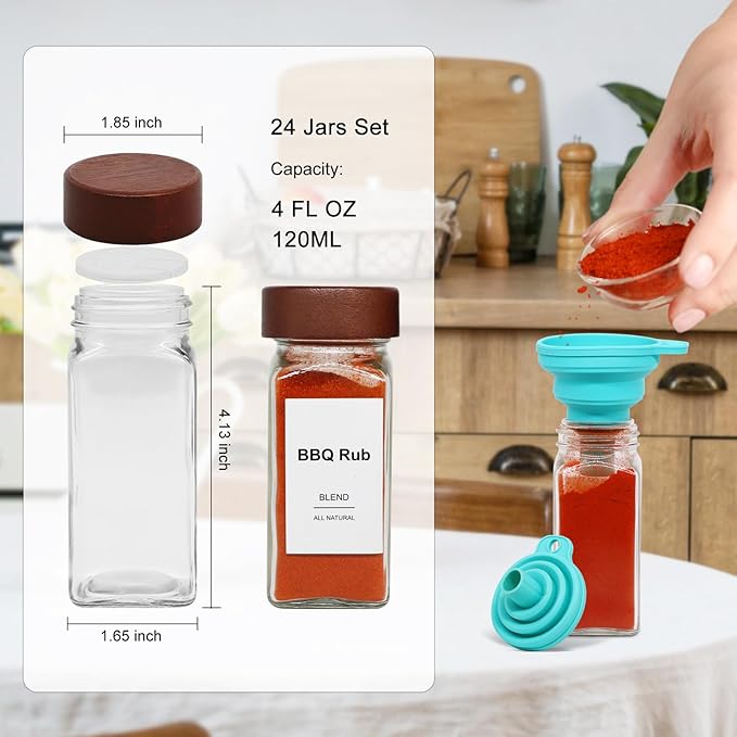 24 Pcs Spice Jars, 4oz Seasoning Containers with Acacia Wood Shaker Lids, Glass Spice Bottles with Labels, Square Seasoning Organizer, Kitchen Spice Container