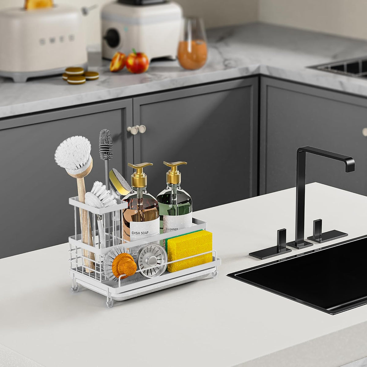 Cisily Kitchen Sink Caddy Organizer, Sponge Holder, Detergent Brush Holder, Plug Storage, White, Stainless Steel, Adjustable, 3 Compartments, 9.56" x 5.15" x 5.15"