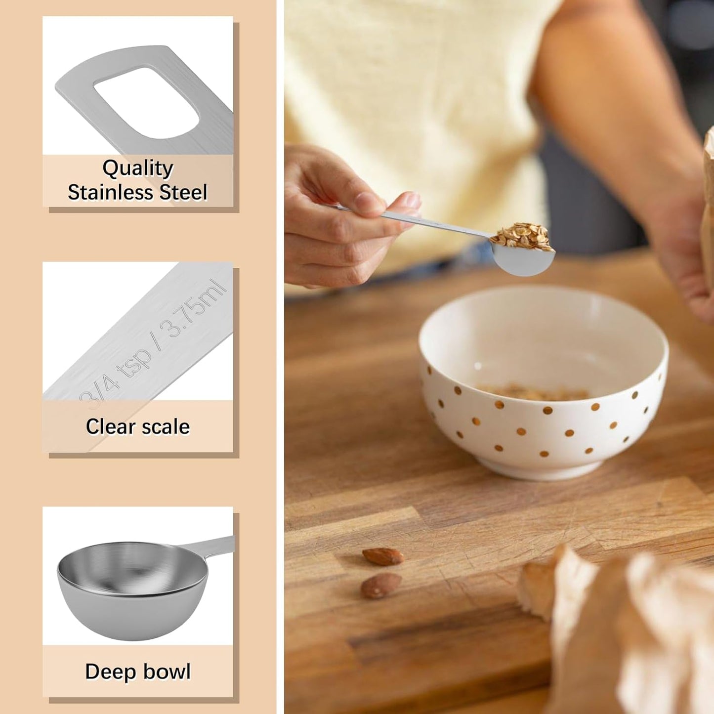 2PCS 3/4tsp (1/4tbsp, 1/8oz, 3.75ml) Single Measuring Spoon, Stainless Steel Individual Teaspoons Only