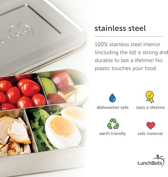 LunchBots Large Cinco Stainless Steel Lunch Container - Five Section Design Holds a Variety of Foods - Metal Bento Box for Kids or Adults - Dishwasher Safe - Stainless Lid - Aqua Dots