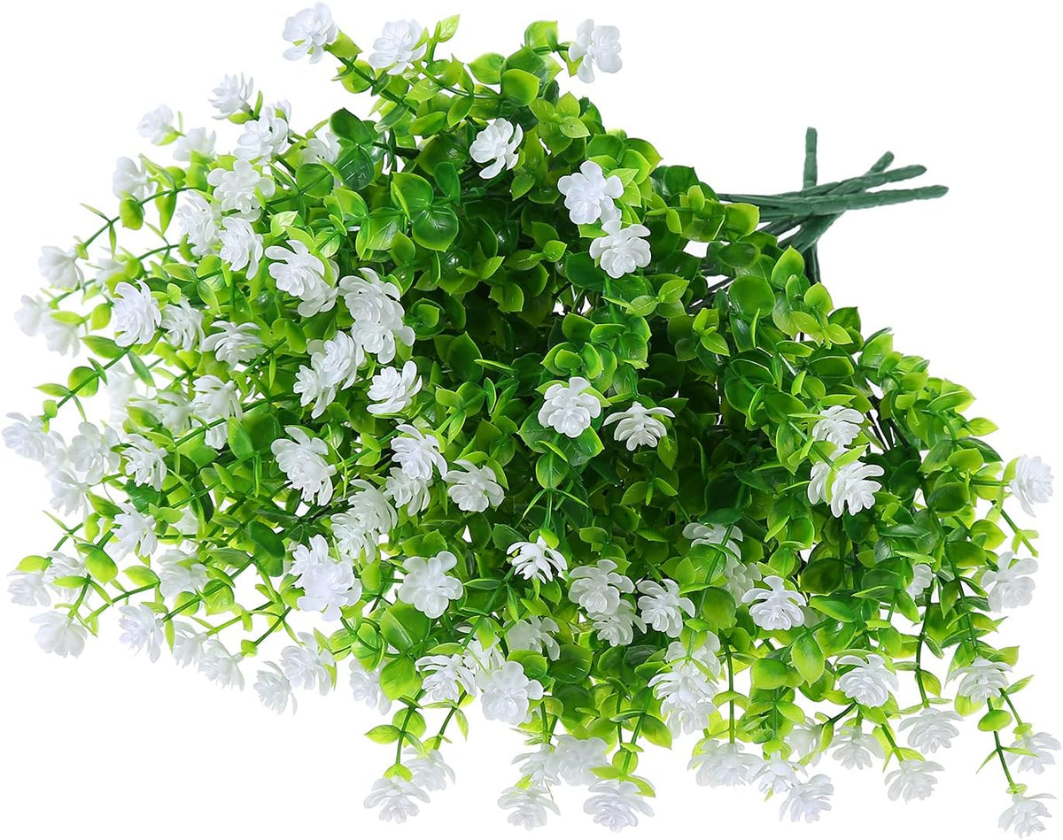 Artificial Plants Flowers Grass Shrubs 8 Pack No Fade Faux Plastic Flowers Outdoor for Vases Farmhouse Garden Porch Patio Office Indoor Wedding Decoration Greenery Fake Plants (2#White)