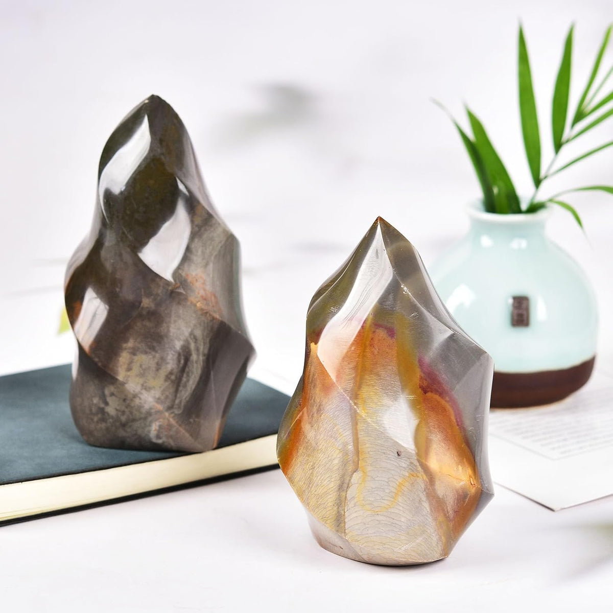 AMOYSTONE Polychrome Jasper Flame Shaped Stone Towers Obelisk Natural Healing Crystal Quartz Reiki Energy Decoration Home Office 1.0-1.5LBS