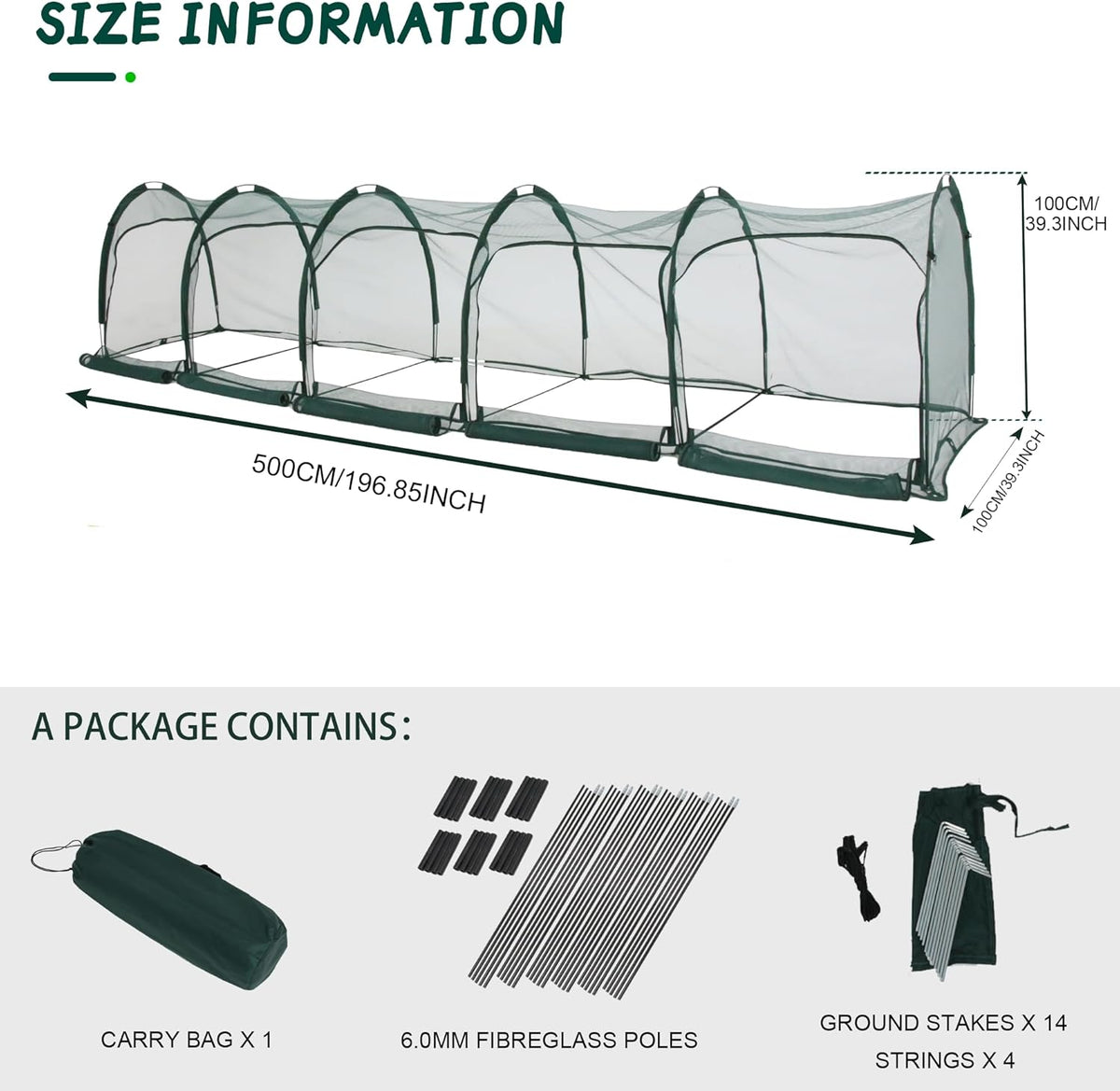 Flexible Net Grow Tunnel - Garden Greenhouse Mesh Cover Growhouse Cloche for Protecting Fruit Vegetables Plants Cultivation (5M)
