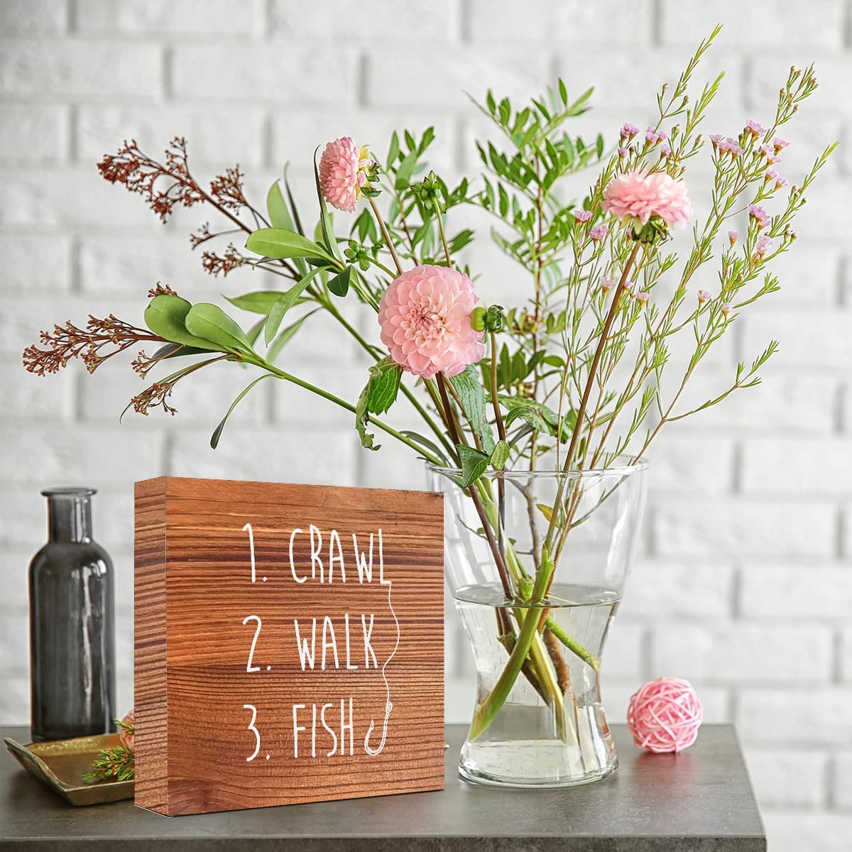 Brown Country Crawl Walk Fish Rustic Wooden Sign Desk Decor,Funny Baby Fishing Wood Block Sign Desk Decorations for Home Bedroom Baby Room Shelf Table Decor