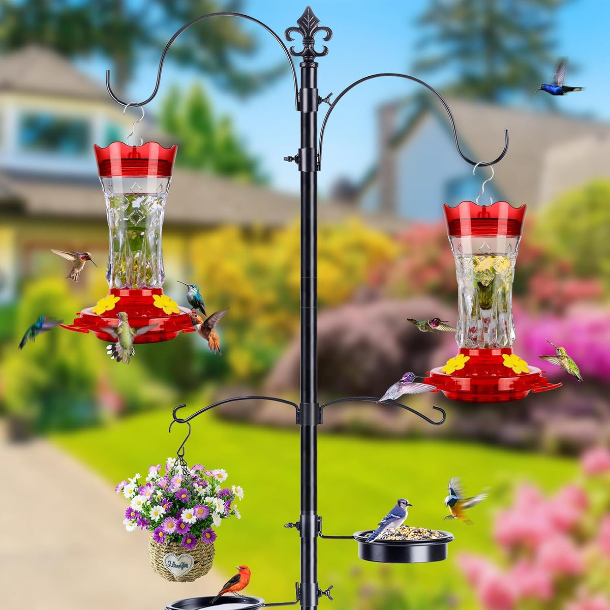 Hummingbird Feeders for Outdoors Hanging, BOLITE Glass Hummingbird Feeder, 4 Bee Guard Feeding Ports, Built-in Ant Moat, Leak Proof, 15 Ounces, Stars Decor, Red, 2 Pack, Gifts for Women Men