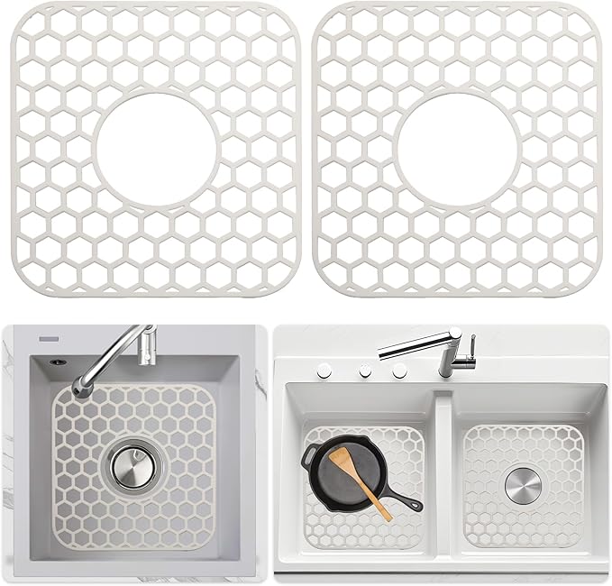 Bestjing 2 Pack Silicone Sink Protectors for Kitchen Sink - 12" x 11" Kitchen Grid Accessory, Non-Slip Heat-Resistant Mat for Bottom of Porcelain Stainless Steel, Dishwasher Safe (White)