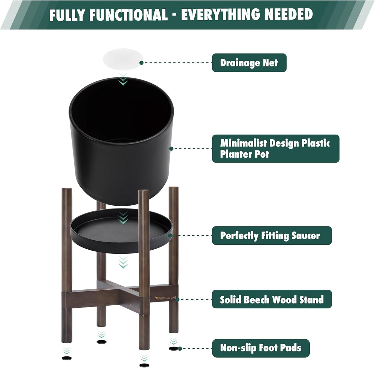 D'vine Dev Planter Pot with Stand - 10 Inch Plastic Cylinder Flower Pot with Wood Planter Holder for Indoor, Matte Black Pot + Walnut Color Stand, 55-C-L-2