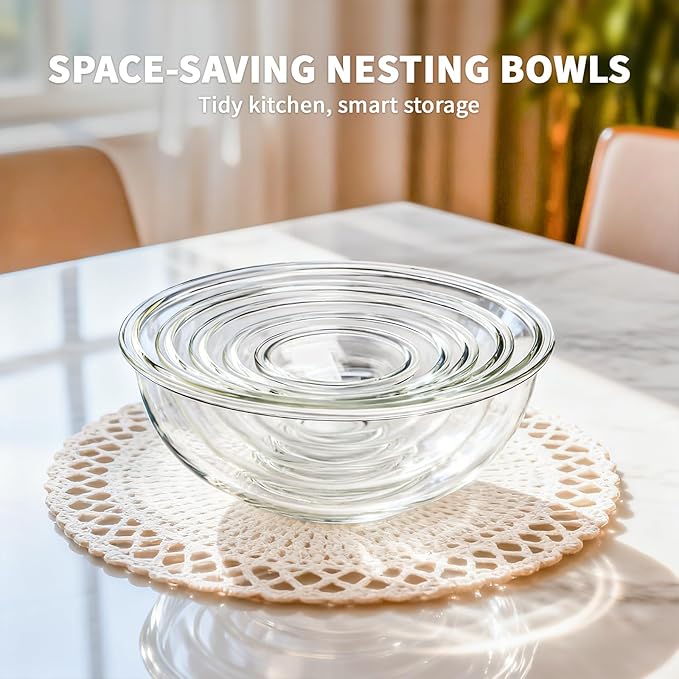 Luvan Glass Mixing Bowl with Lids Set of 5(0.2QT, 0.5QT, 1.1QT, 2.1QT, 3.75 QT), Space-Saving Nesting Bowls Anti-slip Salad Bowls for Storage, Cooking, Microwave,Freezer,Oven and Dishwasher Safe