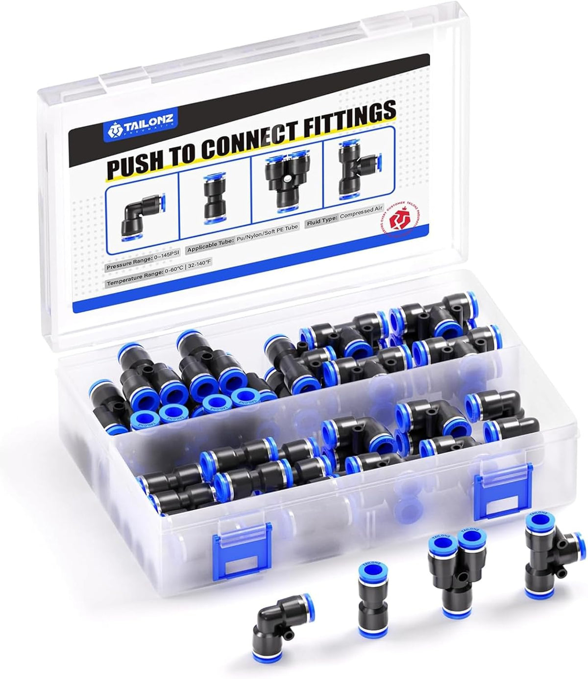 TAILONZ PNEUMATIC 6mm od Push to Connect Fittings Pneumatic Fittings Kit 10 Spliters+10 Elbows+10 tee+10 Straight (40 pcs)