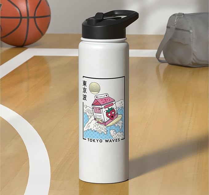 Strawberry Milk Carton Great Waves Anime Kawaii Aesthetic Stainless Steel Insulated Water Bottle