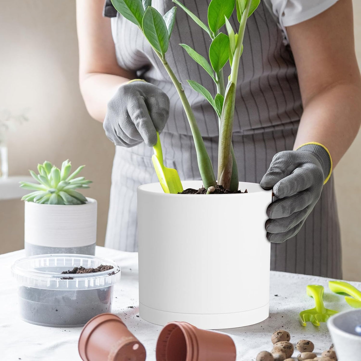 8 Inch Cylinder Plant Pots for Indoor Outdoor Plants, Medium Deep Flower Pots with Drainage Holes & Saucer, Decorative Plastic Planter Pots for Garden House Plants, White
