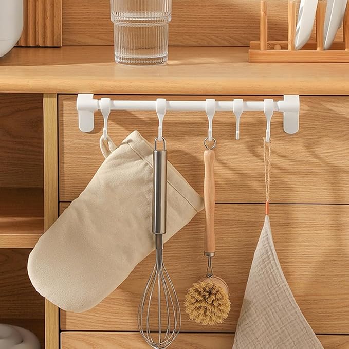 TOYANDONA No-Drill Under Cabinet Plastic Utensil Hooks 5-Row Kitchen Hanging Rack for Cookware and Spoon Storage, White Multi-Purpose Organizer for Kitchenware and Sundries