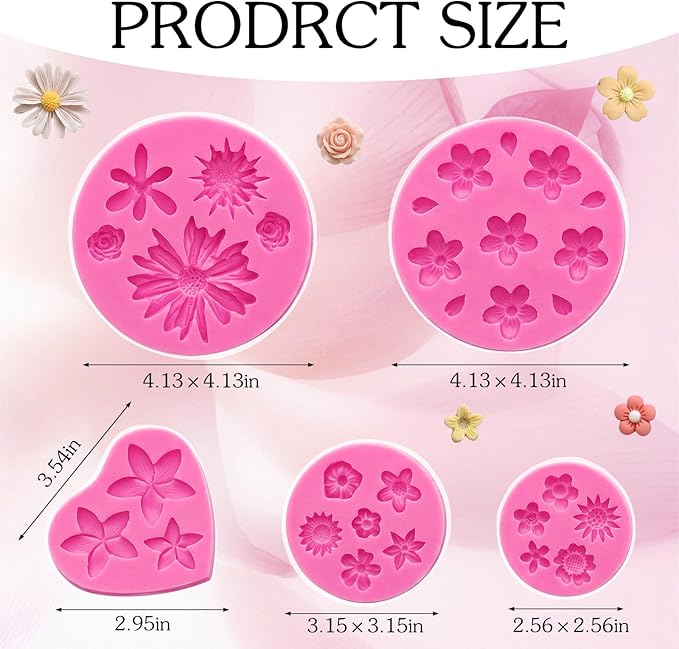 5 Pcs Flower Fondant Molds Flower Rose Daisy Silicone Chocolate Mold for Candy Fondant Polymer Clay Soap Ice Cube Crafting and Cake Cupcake Decoration