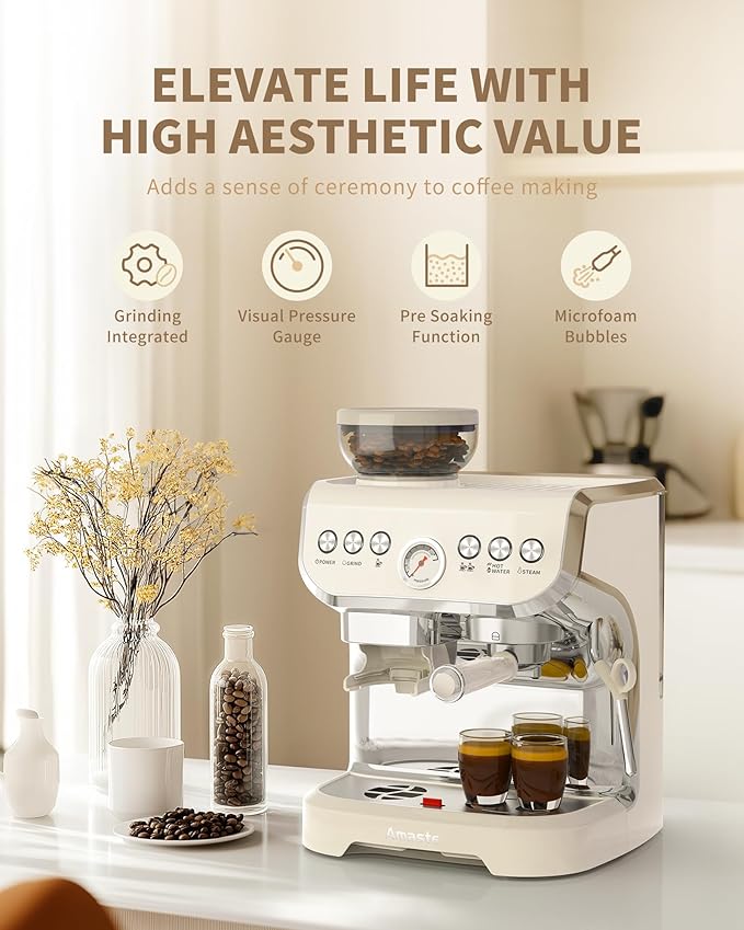 Amaste Espresso Machine with Grinder, 15 Bar Espresso Machine with Steam Wand for Latte and Cappuccino, 68Oz Water Tank, Pre-Infuse Brewing, Espresso Coffee Maker for Home Use, Barista Kit, White