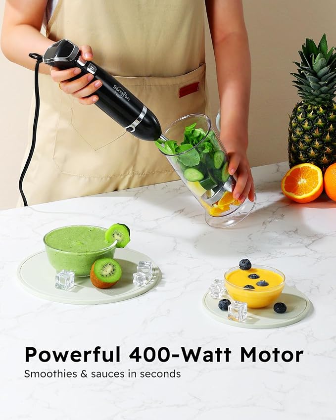 Sangcon Immersion Blender Handheld, 3-in-1 Hand Blender Electric, 400W Handheld Licuadora de mano, Stainless Steel Blade Stick Mixer with Whisk, Milk Frother Attachments - Black